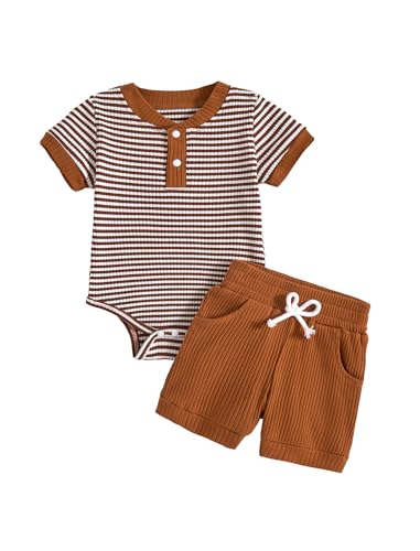 Image of Hihosdor Baby Boy Outfits Ribbed Short Sleeve Striped Romper Top Solid Shorts with Pocket Baby Boy Summer Clothes 0-18M