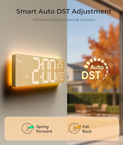 Image of EASYERA 16.5 inch Large Digital Wall Clock with BT Sync, Wood Grain Clock with 11 RGB Light Scenes, Remote Control, Dual Alarms with Big LED Display, Auto DST, Temperature for Classroom Gaming