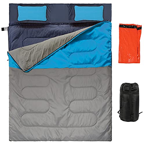 Double Sleeping Bags for Adults 2 Person with 2 Pillows and 1 Emergency Sleeping Bag, Waterproof Sleeping Bag Converts into 2 Single for Camping, Hiking, Backpacking & Outdoors (3-4 Seasons, Blue) Deal