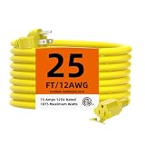 Flexoria 12 Gauge 25 FT Heavy Duty Outdoor Extension Cord, Waterproof Power Cable, Resistant Flexible 3 Prong Grounded Electric Cord, 15A 125V 1875W, Yellow, ETL Listed