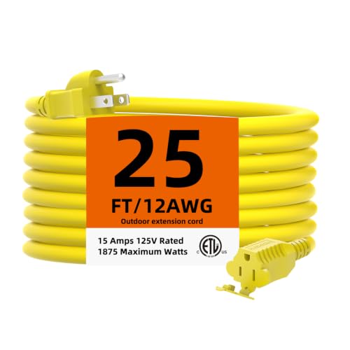 Flexoria 12 Gauge 25 FT Heavy Duty Outdoor Extension Cord, Waterproof Power Cable, Resistant Flexible 3 Prong Grounded Electric Cord, 15A 125V 1875W, Yellow, ETL Listed