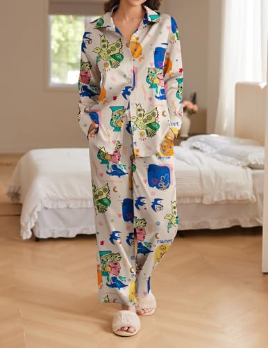 Ekouaer Womens Satin Silky Pajama Set 2 Piece Print PJs Soft Loungewear Button Down Sleepwear with Elastic Waist Long Pants