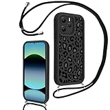 Xylota Funda con Cuerda para Xiaomi Redmi Note 14 4G Global, Silicona Suave TPU Cordon Leopardo Carcasa, Ajustable Colgar Collar Correa de Cuello Cadena Case para Redmi Note 14 4G 6,67'' - Negro 01