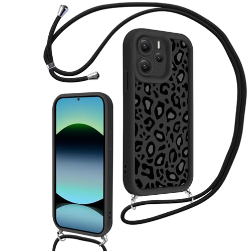 Xylota Funda con Cuerda para Xiaomi Redmi Note 14 4G Global, Silicona Suave TPU Cordon Leopardo Carcasa, Ajustable Colgar Collar Correa de Cuello Cadena Case para Redmi Note 14 4G 6,67'' - Negro 01