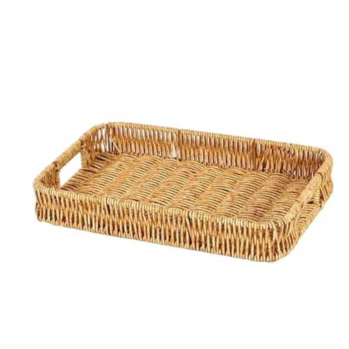 Handwoven Plastic Rattan Storage Tray Round Shape Fruit Vegetable Cake Imitation Wicker Threads Basket(Rectangular Large)
