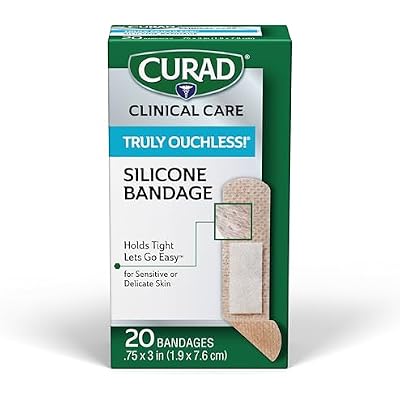 CURAD Truly Ouchless! Silicone Bandages, .75 x 3, For Sensitive or Delicate Skin, Flexible Fabric, Protects Scrapes, Cuts & Burns, 20 Count