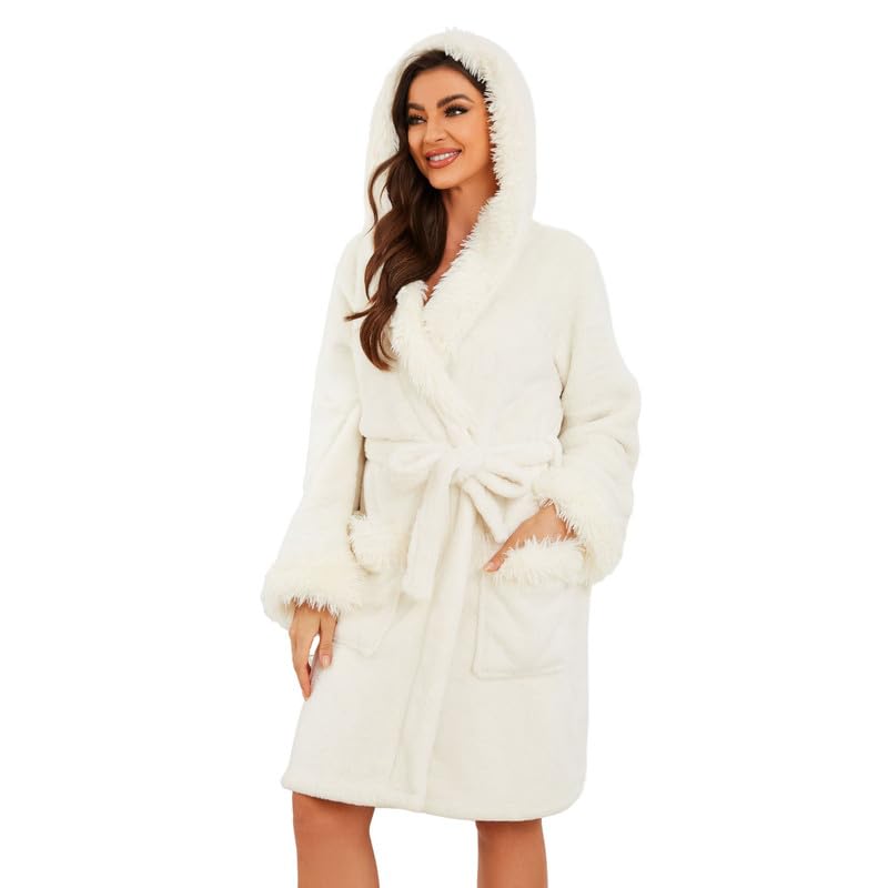LYCY Women Hooded Plush Short Robe Soft Warm Fleece Bathrobe Fluffy Cute Spa Robe