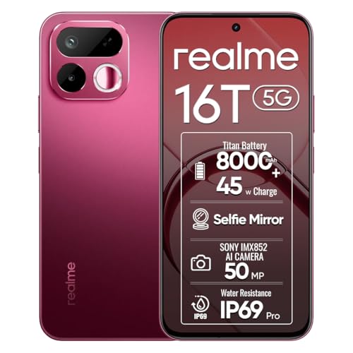 Image of realme 16T 5G Smartphone 8+256GB Red, 6.8-inch Screen, 144Hz Display, 8000mAh Battery, 45W Fast Charging, Rear50MP+Front16MP AI Camera, MediaTek Dimensity 6300, IP69