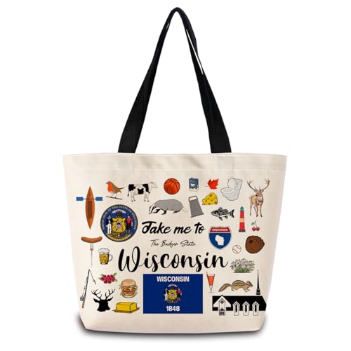 Take Me To Wisconsin Tote Bag Reusable Grocery Bags Aesthetic Shopping Shoulder Handbag with Interior Pocket Lightweight & Washable Stylish Wisconsin Travel Present for Women