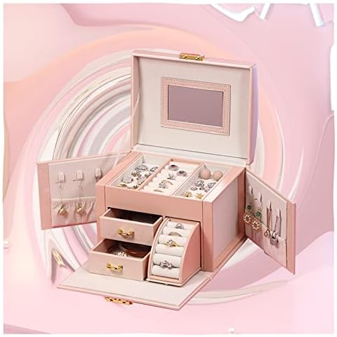 HMBSTST Women Jewellery Box, Faux Leather Lockable Storage Case Jewellery Organiser with 2 Drawers, Large Mirror, Storing for Drop Earrings Necklaces Watch Ring,Gift Idea for Girls Women (Pink) Cover