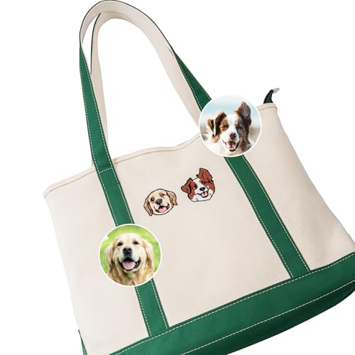 Custom Tote Bag for Women, Personalized Embroidered 1-4 Dog Cat Pet Portrait Photos Canvas Tote Bags, Large Travel Bag with Zipper, Personalized Reusable Shopping Gift Bags, Birthday Gifts for Her2