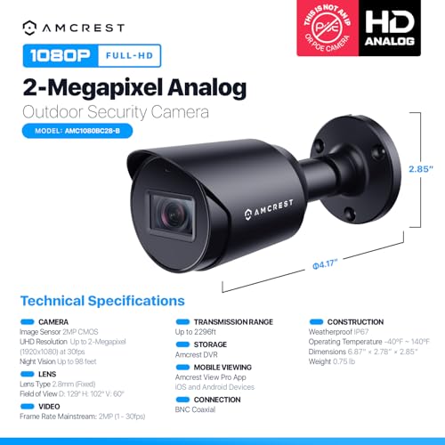 Amcrest Full HD 1080P Bullet Outdoor Security Camera (Quadbrid 4-in1 HD-CVI/TVI/AHD/Analog), 2-Megapixel, 98ft Night Vision, Metal Housing, 3.6mm Lens 90° Viewing Angle, Black (AMC1080BC36-B) thumbnail 5