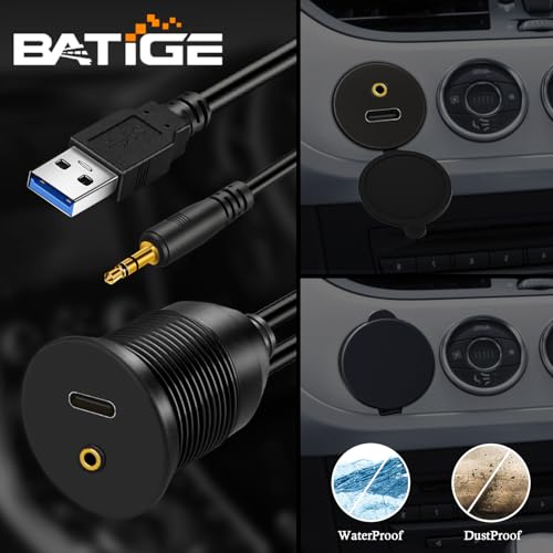 BATIGE USB 3.0 Male to USB C Female & 3.5mm Male to Female Car Mount Flush Cable AUX Extension Dash Panel Waterproof Mount Cable for Car Boat and Motorcycle, 3ft