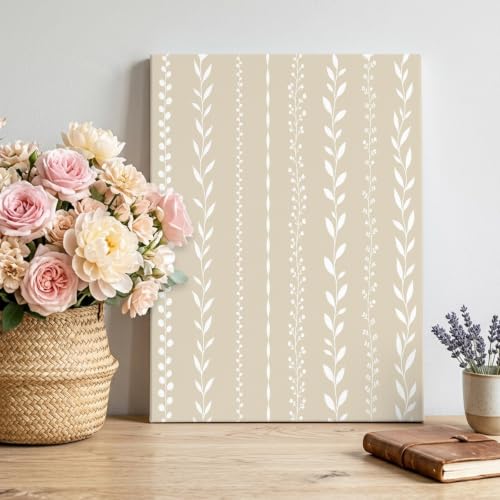 Minimalist Beige Leaf Vine Striped Canvas Wall Art Made in