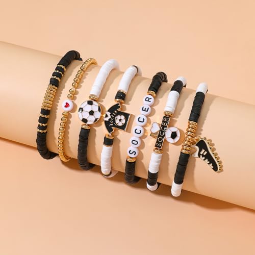 Joyline 7 Pack Stretch Beaded Soccer Bracelets, Stackable Game Day Sports Jewelry Accessories for Women Men Coaches Fans