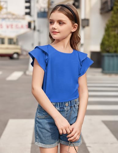 Image of Girls T Shirts Ruffle Short Sleeve Round Neck Loose Blouse Summer Solid Color Casual Girl Tee Tops for 3-12 Years