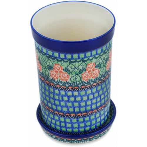 Authentic Polish Pottery Wine Chill with Saucer Signature UNIKAT in Red Impatiens Design Handmade in Boles?awiec Poland by Ceramika Artystyczna + Certificate of Authenticity