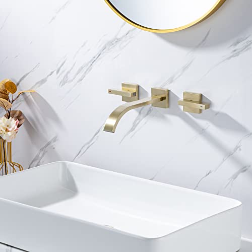 Brass Wall Faucet Brushed Gold Wall Mounted Bathroom Faucet, Wall Mount Bathroom Sink Faucet, Dual Lever Handle, Rough-In Valve Included, Pt001-Bg #TOP1