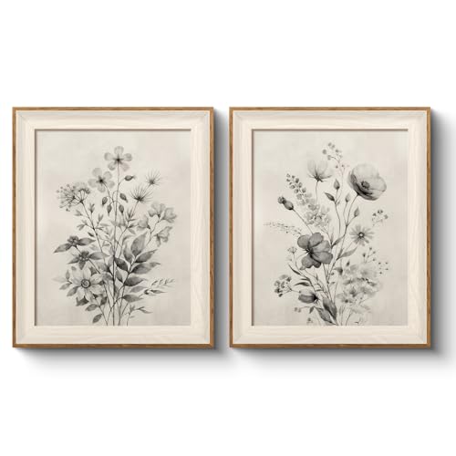 VIYYIEA Framed Minimalist Wall Art Set of 2, Monochrome Botanical Wildflower Sketches Canvas Prints, Minimalist Floral Nature Theme, Home Decor for Bedroom Bathroom Office Entryway, 10x12 Inch
