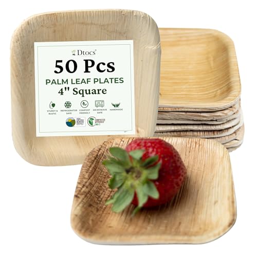 Dtocs Palm Leaf Plates 4" Square (50) - Single Serve Small Bamboo Plates Disposable Look | Cocktail, Canape Mini Appetizer Plate | Alternate to Plastic, Wooden Paper Plate by Dtocs - Used condition - US$13.32