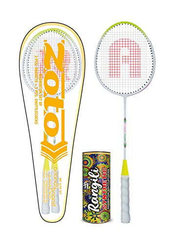 Zoto T-Joint Tempered Shaft with Wide Steel Body Head Badminton Racket Set of 2 with Box of 3Pcs Synthetic Shuttles and a Transparent Full Cover