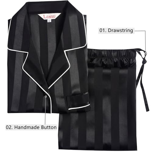 Image of Lonxu Silk Satin Womens Pajama Sets Button Down Sleepwear Loungewear XS~3XL