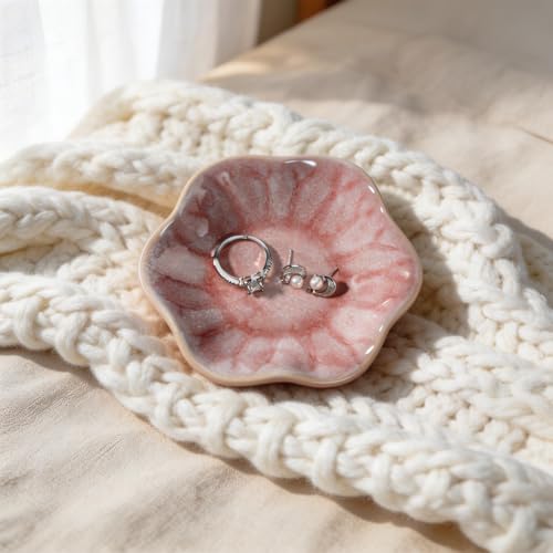 Image of Pink Lotus Leaf Shape Ring Jewelry Dish Holder,Small Trinket Jewelry Tray,Decorative Jewelry Plate Bowl,Key Bowl,Birthday Engegament Gifts for Women Friends,Ceramic