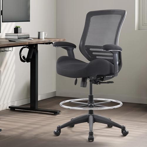 Image of BOLISS 400lbs Mid Back Mesh Ergonomic Drafting Chair for Standing Desk Office Wide Chair Built-in Lumbar Support Big Adjustable Foot Ring Height Adjustable Armrest (Black)