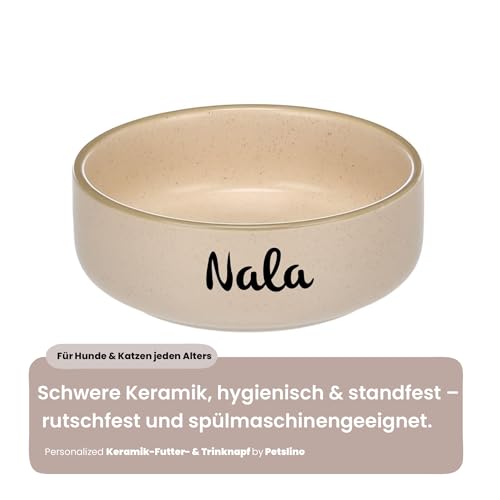 Personalisierbarer Keramik-Futter- & Wassernapf 750 ml (M) Beige – schwer & rutscharm – spülmaschinengeeignet & hygienisch – für mittelgroße Hunde & große Katzen – personalisiert mit Namen – Petslino