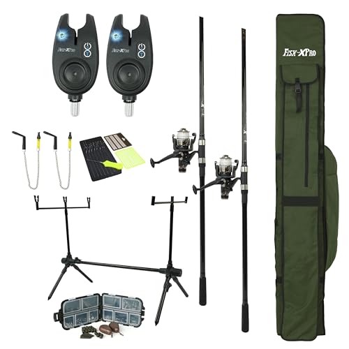 FISH-XPRO Set di carpe Plus 2 picche - Set di aste per carpe nero - 96 pezzi - allarme morso - scambisti - Rod pod - Schienale - Holdall - Extra completo - Tutto ciò di cui hai bisogno!