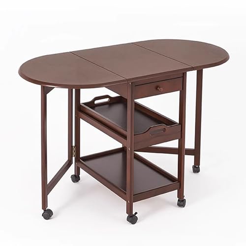 Mesa de comedor plegable redonda, mesa de cocina de madera maciza, extensible con 6 ruedas, 2 estantes de almacenamiento, 1 cajón, ahorro de espacio para fiestas en casa