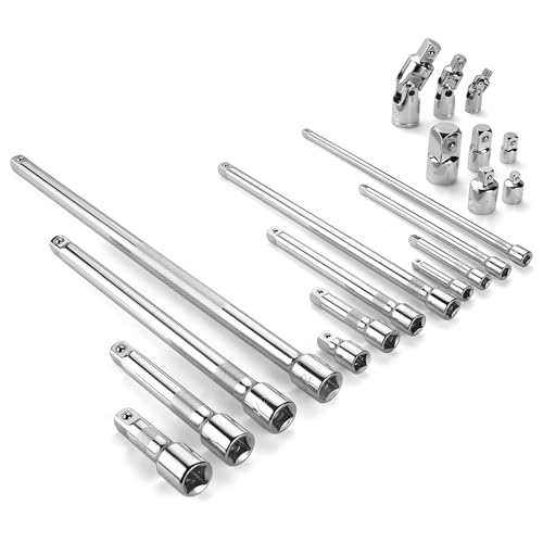 SK 20 Piece Socket Extension Set, 1/4", 3/8" and 1/2" Drive Extension Bar, Swivel Universal Joints and Adapters, SuperKrome Finish, Premium CR-V Construction