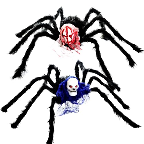 2 Pack 30 Inch Halloween Outdoor Decorations Hairy Black Spider with Ghost Face, Scary Spiders Haunted House Props for Yard Lawn Patio Halloween Decorations