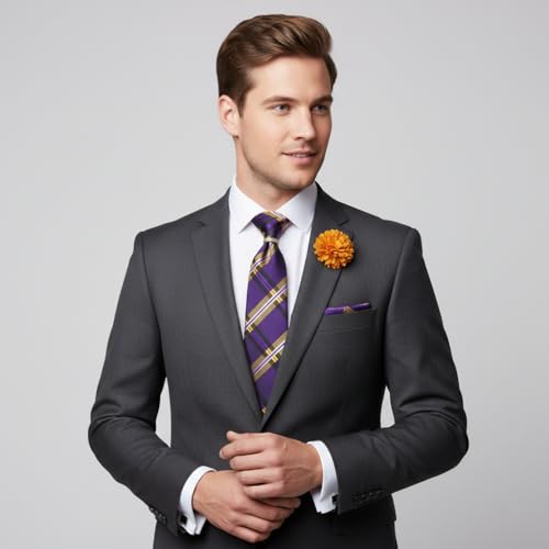 Image of 5PCS Mens Silk Designer Tie, Pocket Square, Cufflinks, Drilled Tie Ring and Lapel Pin Set for Wedding Groom Party