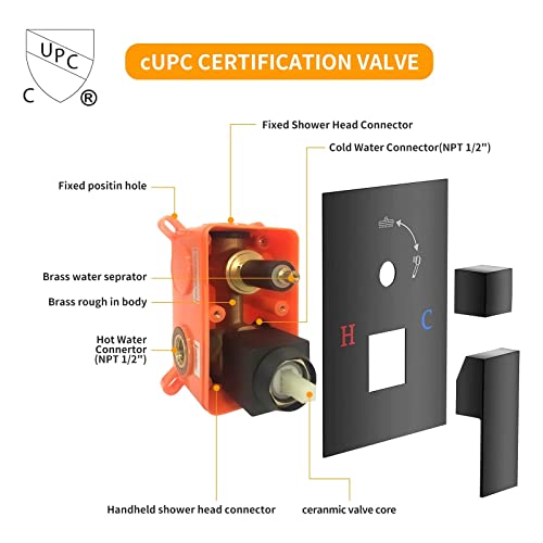 Besy Shower System With 12 Inch Rain Shower Head And Handheld Wall Mounted, High Pressure Rainfall Shower Faucet Fixture Combo Set With 2 In 1 Handheld Showerhead For Bathroom, Matte Black #TOP4