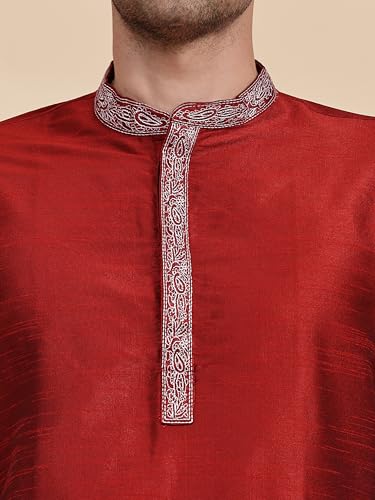 Image of SKAVIJ Men's Art Silk Embroidered Kurta Pajama Set Thread Work Ethnic Motifs Festive Party Dress