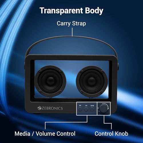 Image of ZEBRONICS Sound Feast 75, Portable Bluetooth Speaker, 14 Watts, 10 Hours Playback, Transparent Body, Dual 6.6 cm Drivers, Carry Strap, Bluetooth v5.3 | TWS | mSD | AUX (Black)