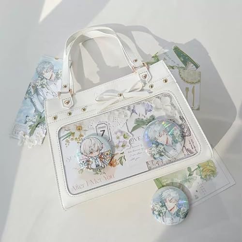 Kawaii Ita Tote Bag Versatile PU Leather Handbag Kawaii Cute Clear Window Pin Insert with3