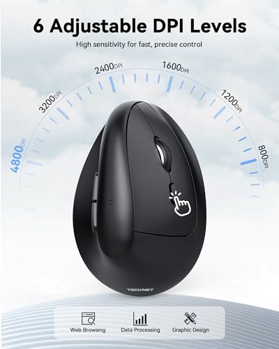 Image of TECKNET Ergonomic Mouse, Vertical Wireless Mouse 2.4G, Computer Mouse with 6 Adjustable 4800 DPI, Quiet Clicks Optical Mice, USB A Receiver, 6 Buttons for Laptop, Desktop, PC - Black