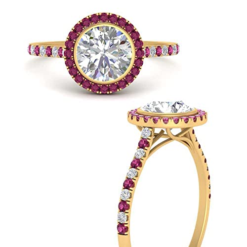 Image of 55Carat Choose Your Gemstone Bezel Round Halo Pave Diamond CZ Ring Yellow Gold Plated Round Shape Halo Engagement Rings Everyday Jewelry Wedding Jewelry Handmade Gifts for Wife US Size 4 to 12