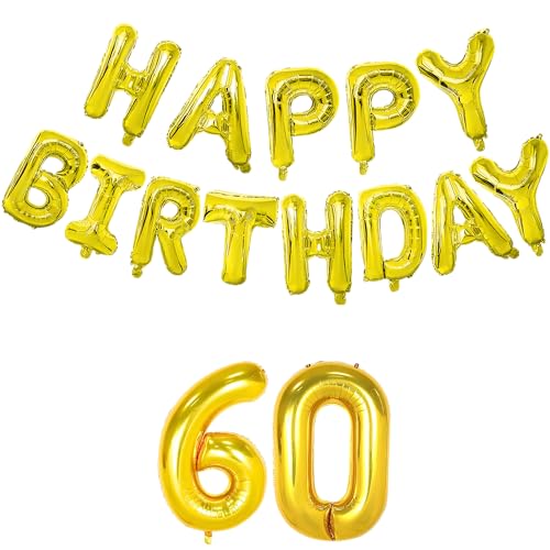 Image of Flyloons 60th Golden Colour Happy Birthday Foil Balloon Banner Set For 60 Year Old Men Women | With Number Sixty | 13 Letters Reusable Happy Birthday Metallic Foil Balloons Decoration Kit, 15 Pcs