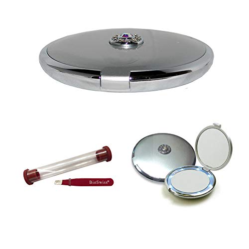 Lighted LED Jeweled 10X/1X Compact Mirror Silver with Crystals with Stainless Steel Slant Tweezer