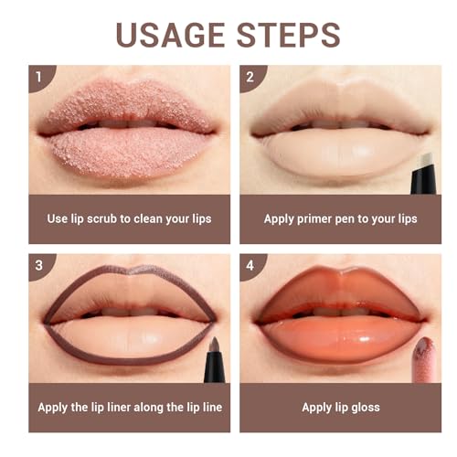 HOSAILY Nude Lip Combo with 2 in 1 Lip Liner Primer Pen & Moisturizing Mirror Lip Gloss Set for Women, Silky Smooth Long Wear Lip Contour with Liquid Lipstick Glossy Pale Lip Kit for Ombre Juicy Lips