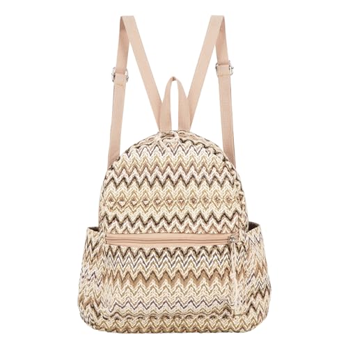 Meyaus Mochila feminina de palha média feita à mão, casual, para praia, bolsa de ombro, Padrão ondulado cáqui, One Size, Mochilas Daypack