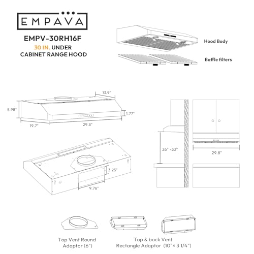 Empava Ductless/Ducted Range Hood Under Cabinet 30 Inch, Touch Control, 300 CFM Plug in, Stainless Steel