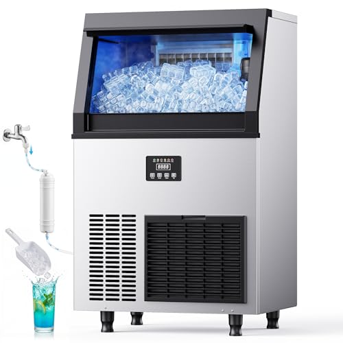 Coolake Commercial Ice Maker Machine, 200Lbs/Day Under Counter Ice Maker with 55 Lbs Storage, Stainless Steel Freestanding Built-in Outdoor Ice Machine with Water Filter for Home Bar Cafe Garage