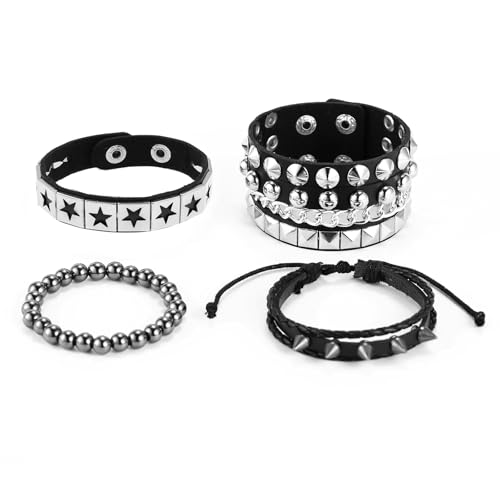 4Pcs/Set Fashion Street Hip Hop Leather Studded Cuff Bracelets Multiple Wristbands Bangle Emo Acceossries for 80s Punk Rock Concert Outfit4