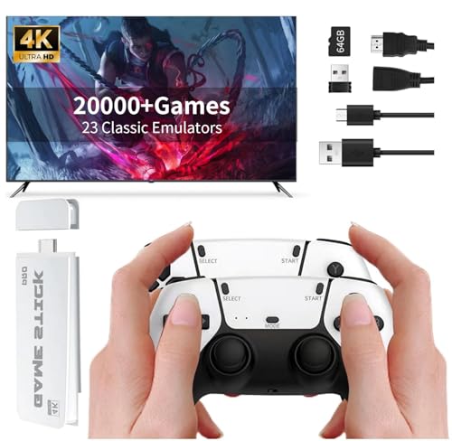 Upgraded Retro Game Console, Wireless Retro Games Console Built-in 20000+ Classic Games, 4K HDMI Output, 64GB, 23 Emulators, Plug and Play Retro Game Stick with Dual 2.4G Wireless Controllers