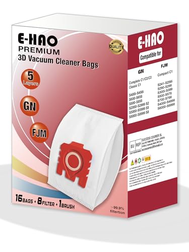 E-HAO Pack de 16 Bolsas de Polvo 3D Mejoradas para Aspiradoras Miele, Recambio para las Series FJM y GN. Compatible con modelos: Complete C1/C2/C3, Compact C1/C2, Classic C1, S8, S6, S5, S4, S2