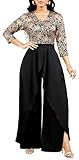Overlay Sparkly Jumpsuit for Women Sexy Elegant 3/4 Sleeve Long Split lightweight Pants Cocktail Party Club Black Jumpsuits (XX-Large)